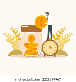 Businessman standing on clock putting more dollar coins in his savings. compound interest or investment growth, Investment or long term saving for retirement fund, tax time reminder concept.