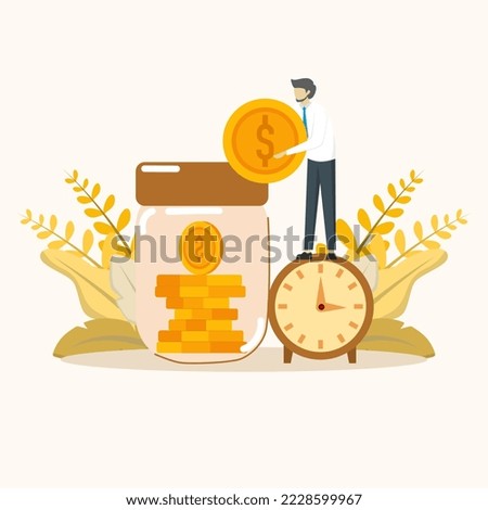 Businessman standing on clock putting more dollar coins in his savings. compound interest or investment growth, Investment or long term saving for retirement fund, tax time reminder concept.