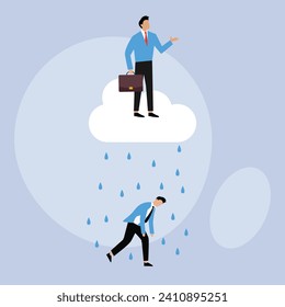 Empresario parado en la nube sobre un empresario bajo la lluvia 2d ilustración vectorial plana