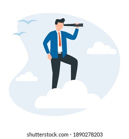 Businessman standing on the cloud with a telescope looking for success, goal achievement, leadership or career opportunity. Vector illustration.