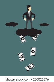 Businessman standing on cloud that is raining dollar notes. Creative vector illustration for business concept.