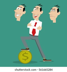 businessman standing on coin. set of feelings. the face expresses joy contempt happiness. vector illustration