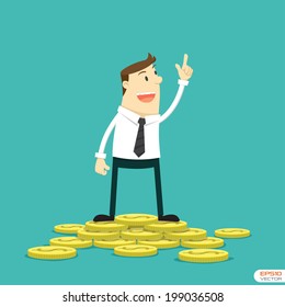 Businessman standing on coins stack. Vector illustration