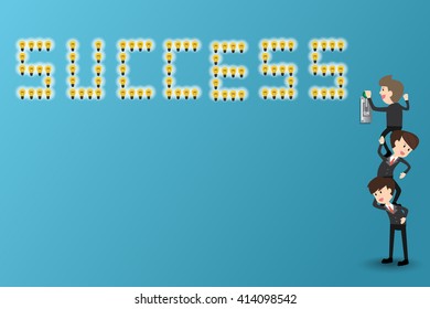 businessman standing on colleague's shoulder to turn on the light, concept of business success  with copy space
