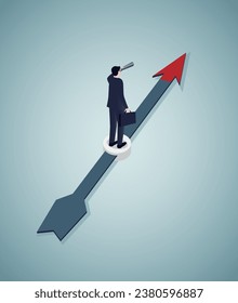 Businessman standing on compass with telescope.Forecasting, Finding direction, Business strategy concept. Business finance guide and guidance, Future business and Career plans, Business advice.