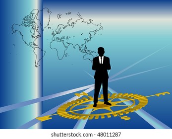 Businessman standing on the compass with world map in the background
