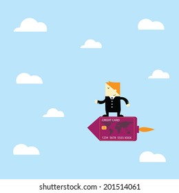 Businessman standing on a credit card shaped like a rocket.