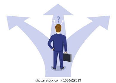 Businessman standing on a crossroad and makes a choice. Business concept. Illustration in flat style. Where to go