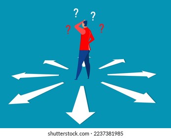 Businessman Standing on the Crossroads for Decision Which Way at arrows pointing to many directions.  vector illustration.