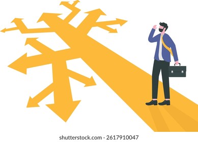 Businessman Standing on the Crossroads for Decision Which Way at arrows pointing to many directions. vector illustration.

