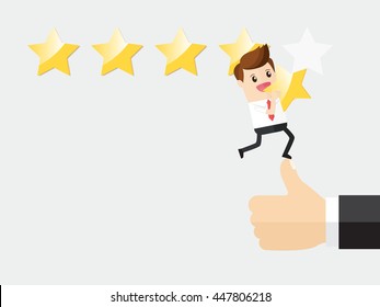 businessman standing on customer thumbs and giving five star rating