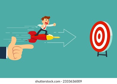 Businessman standing on a dart threw by big hand to target. aiming for gold business concept.