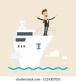 Businessman standing on the deck of a ship.