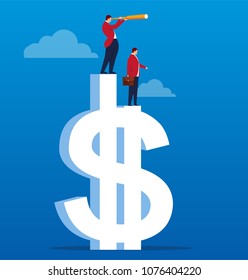 Businessman standing on different heights of money