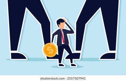 Businessman standing on dollar coins between two giant feet, illustration of feeling inferior due to competitor's market cap or company value