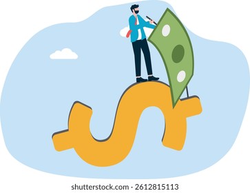 Businessman standing on dollar sign surfing in the sky,