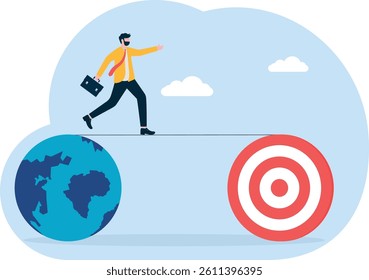 Businessman standing on the earth and dragging the target with a rope

