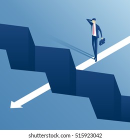 businessman standing on the edge of the abyss and does not dare to continue the path, an employee is on the edge of the gap and think how to overcome it, business concept challenge and obstacle