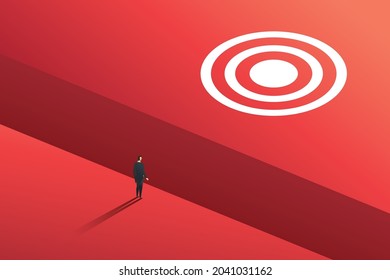 Businessman standing on the edge of the big gap to reach goal business challenge concept overcoming obstacles to success, strategy, analysis. isometric vector illustration.