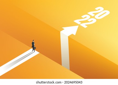 Businessman standing on the edge of the gap with arrows to reach goal 2022 business challenge concept obstacles to success. vector illustration