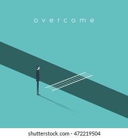 Businessman standing on the edge of gap with ladder across. Business challenge symbol for inspiration and motivation. Eps10 vector illustration.