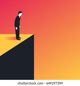 Businessman standing on the edge and looking down. Risk and challenge business concept. Vector illustration in trendy style