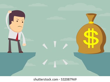 Businessman standing on the edge of a precipice carefully looking for money bag.