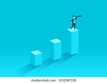 A businessman standing on a financial chart looks ahead in a telescope. Leader, winner and concept of success. Vector illustration