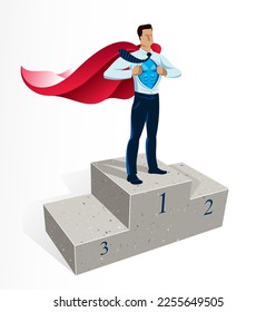 Businessman standing on first place of podium vector illustration, success and career progress concept, leadership competition ambitions, gorgeous handsome business man.