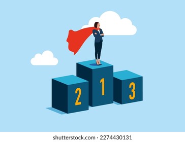 Businessman standing on first podium in super hero costume. Success in business and career. Modern vector illustration in flat style