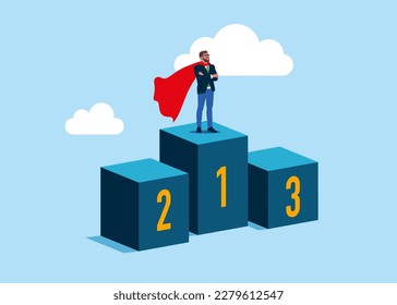 Businessman standing on first podium in super hero costume. Success in business and career. Modern vector illustration in flat style