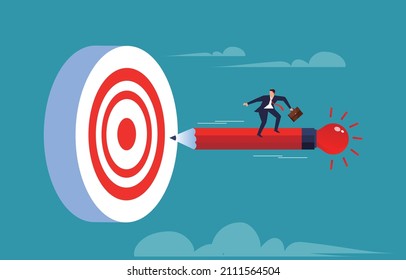 Businessman standing on flying creative pencil and flying to bullseye, business concept illustration