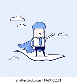 Businessman standing on the flying magic carpet. Cartoon character thin line style vector.