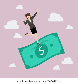 Businessman standing on a flying money. Business concept