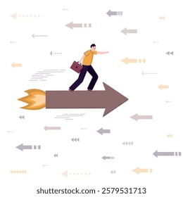 Businessman standing on giant arrow and ride in opposite direction. New ideas change way and direction of thinking, smart man moves in other way, overcoming obstacles. New opportunities. flat vector