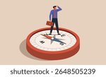 Businessman standing on giant compass, concept of career direction, decision-making, personal growth, and finding purpose in professional life, vector flat illustration