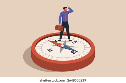 Businessman standing on giant compass, concept of career direction, decision-making, personal growth, and finding purpose in professional life, vector flat illustration