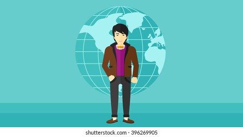 Empresario de pie sobre el fondo del mundo.
