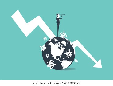 Businessman standing on a globe full of virus outbreaks and carrying binoculars. Global Economic Downfall because of the Corona virus pandemic.