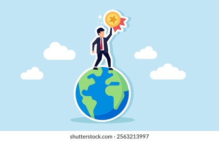 A businessman standing on a globe holding a medal, illustration of becoming a leading company and a top global business