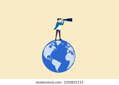 Businessman standing on globe to see vision or future. concept of success, target and opportunity