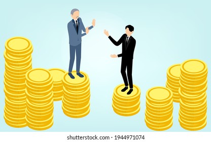 A businessman standing on a gold coin, an image of a business scene, isometric