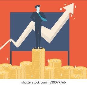 Businessman Standing on gold coins money.