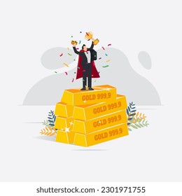 Businessman standing on gold holding the trophy and crown. Success concept vector illustration