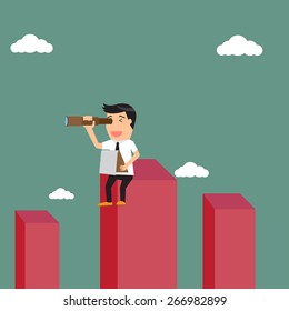 Businessman standing on graph and looking the future, new job, vector illustration.