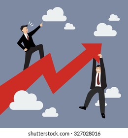 Businessman standing on a growing graph with businessman hold on graph. Business hindrance concept
