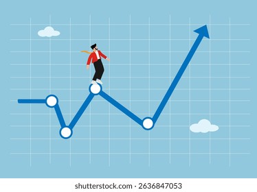 Businessman Standing on Growing Line Graph with Arrow Up Representing Business Progress, Financial Success, Data Trend Analysis, and Strategic Career Development in Corporate Environment