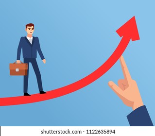 Businessman standing on growth arrow, hand pushing graph up. Get help in business, income increase, success. Simple style vector illustration
