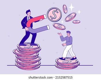 Businessman Standing On High Salary Coins Tower With Poor Man On Low Coins Stack. Rich And Poor Gap. Economic Inequality. Business Difference And Discrimination. Vector Outline Illustration.