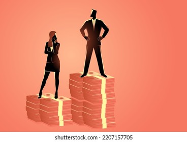 Businessman Standing On Higher Stack Of Money Than Businesswoman, Inequality Between Man And Woman Wage, Gender Issues In Business